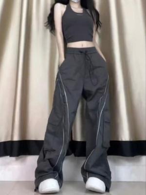Женские брюки карго с высокой посадкой, прямые - Большой размер, Широкие брючины, Стройнящие, Повседневные, Модные, Коллекция весна/осень