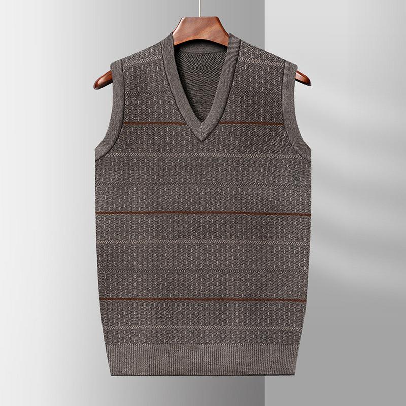 Men's Autumn Knitted Vest Middle-aged and Elderly Dad Loose Bottoming Shirt Grandpa with Sleeveless V-neck Sweater Man