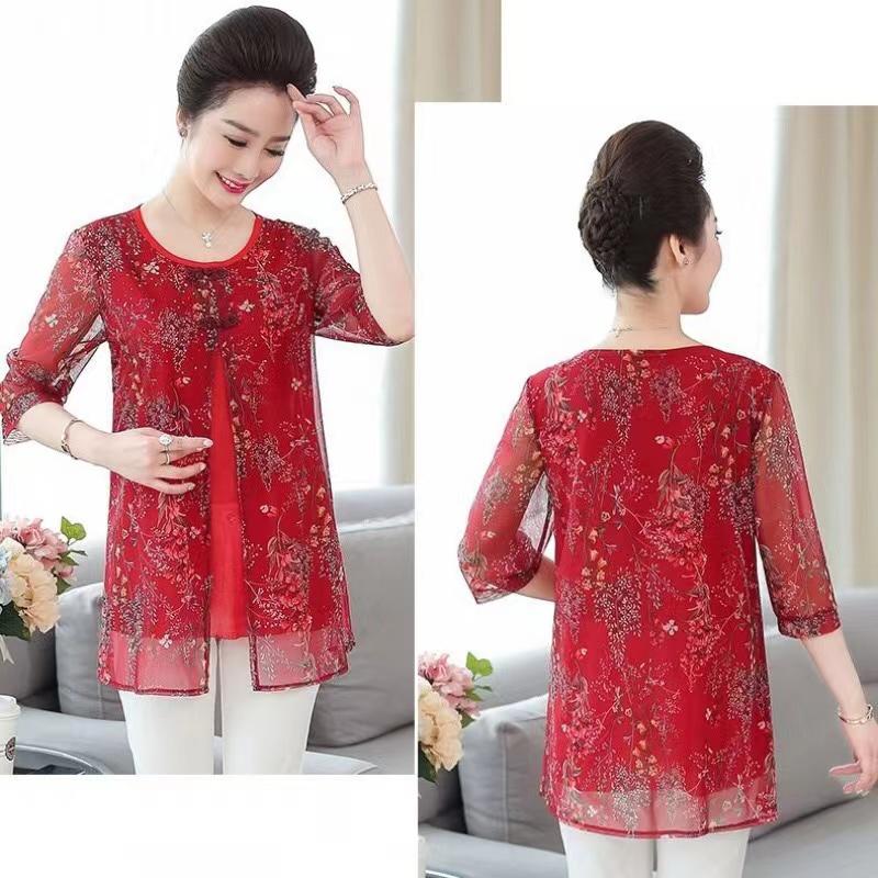 Женская одежда, летняя футболка из шифона с винтажным цветочным принтом и коротким рукавом, летняя повседневная мода, сшитая из двух частей, топы с круглым вырезом