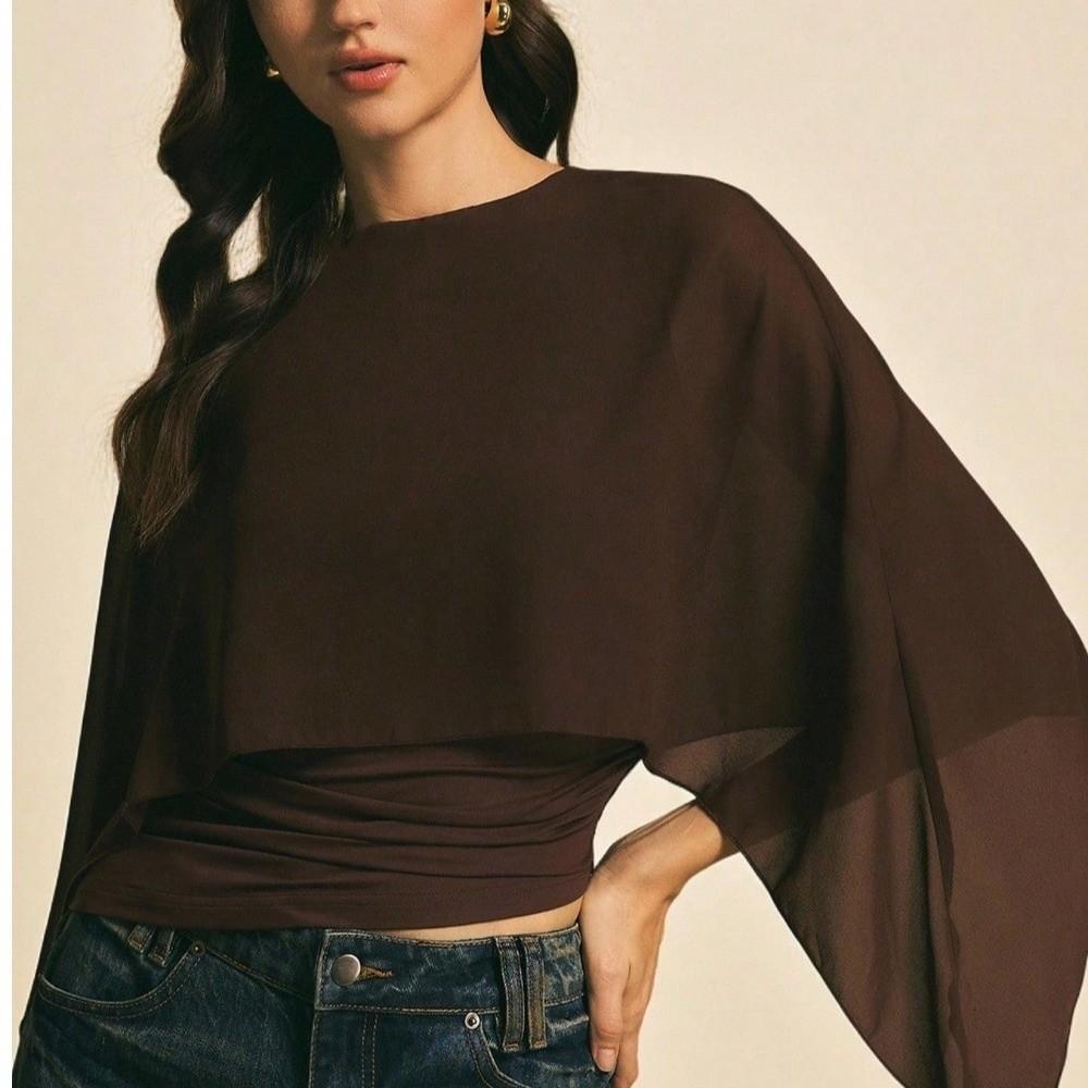 Ruched Waist Cape Sleeve Top Round Neck False Two-Piece Tops Batwing Sleeve Top Summer Wear