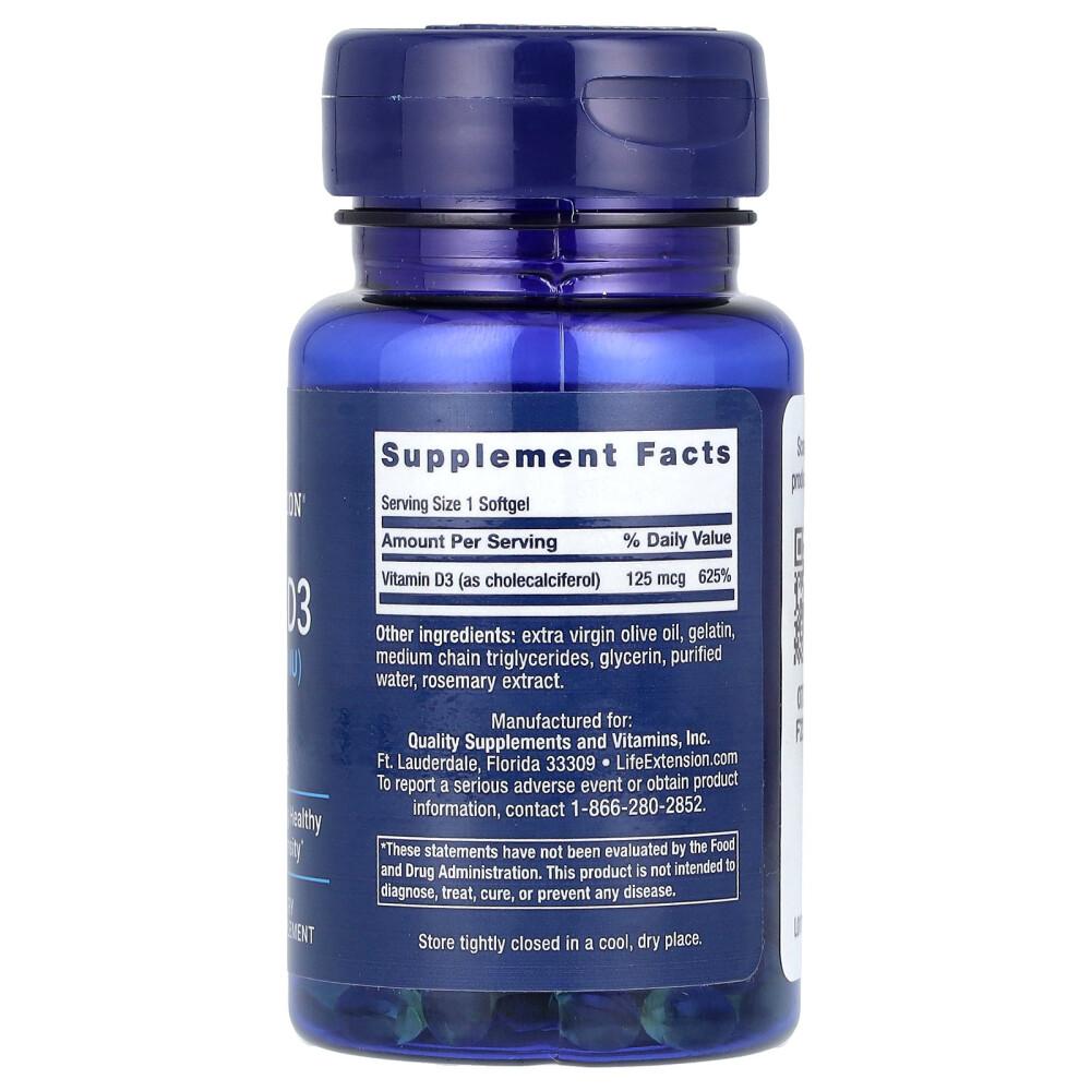 Life Extension Vitamin D3 125mcg (5000IU) Softgels, 60 Counts (2 Pack)