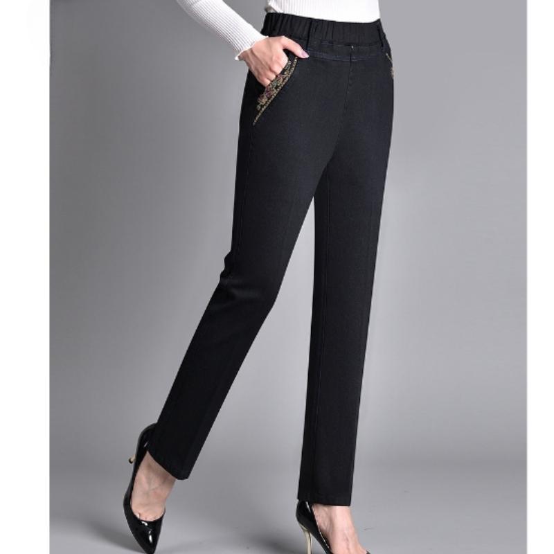 Spring and Autumn Jeans Women's Loose Elastic Waist Stretch Mother Casual High Waist Middle-aged and Elderly Plus Velvet Dark Women's Pants