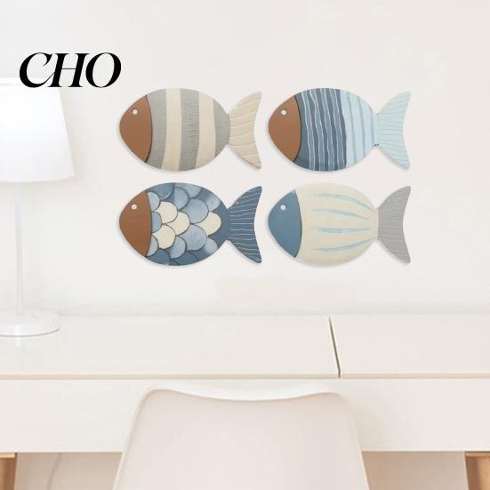 Seaside Wall Decoration 4 Pcs Coastal Wooden Fish Art Rustic Nautical Ocean Sculpture for Living Room Lake House Bathroom Entryway