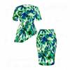 Women Plus Size Round Neck Short Sleeve Tropical Print Asymmetric Top Fitted Skirt Two Piece Set
