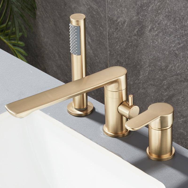 Матовый золотой широко распространенный смеситель для раковины в ванной комнате, цельнолатунный смеситель для раковины, горячий и холодный, кран для умывальника, 3 отверстия с распылителем, черный