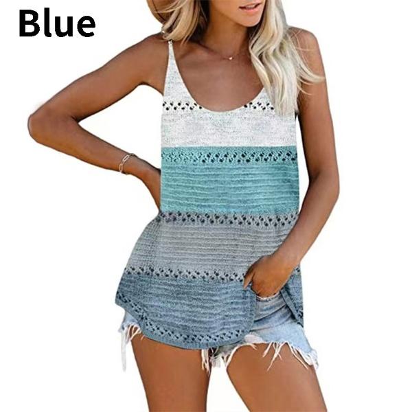 Модные женские летние трикотажные майки с круглым вырезом, повседневные свободные майки без рукавов с цветными блоками, рубашки, пляжные майки, майки больших размеров