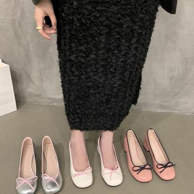 Весна и осень 2025 взрыв толстый каблук серебристый Мэри Джейн туфли-лодочки с открытым верхом французские элегантные с бантом круглый носок высокий каблук женские