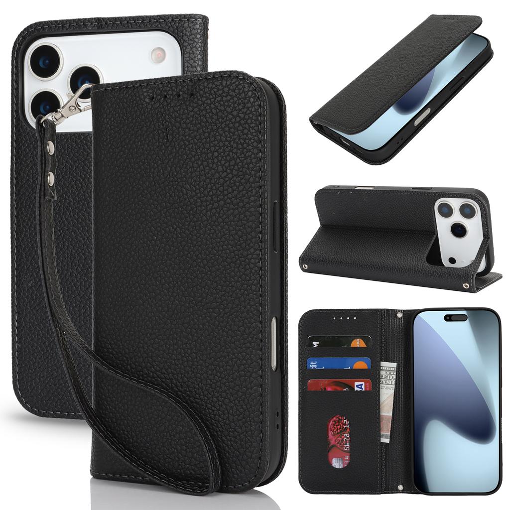 For iPhone 17 Pro Max Case Stand Wallet Litchi Texture Leather Flip Phone Cover with Strap