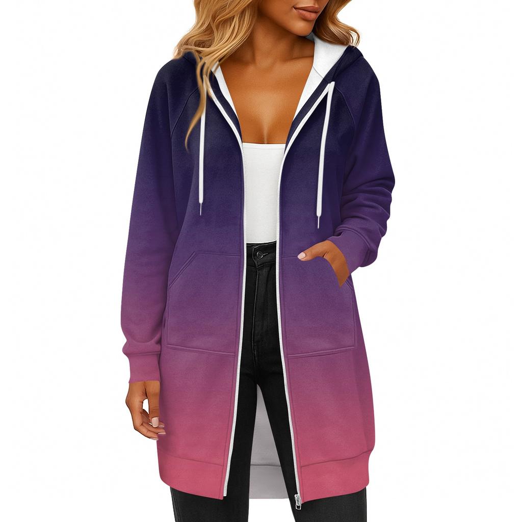 Women's Fashionable Printed Long Sleeved Drawstring Hooded Zipper Pocket Long Casual Sweatshirt Jacket