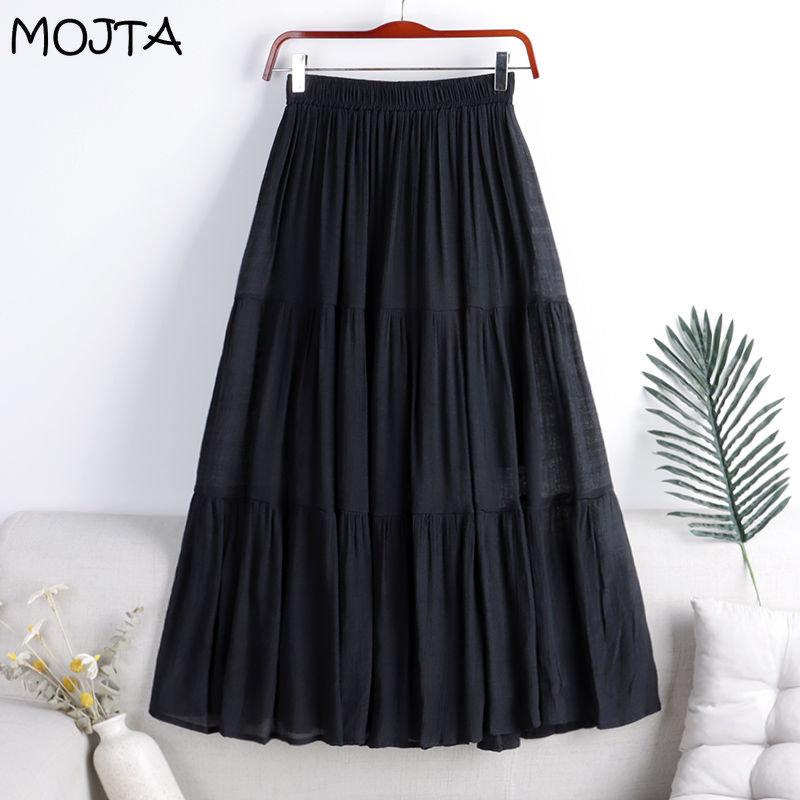 MOJTA Mid Skirt Spring Summer Women's Elastic High Waist Skirt A-line Skirt