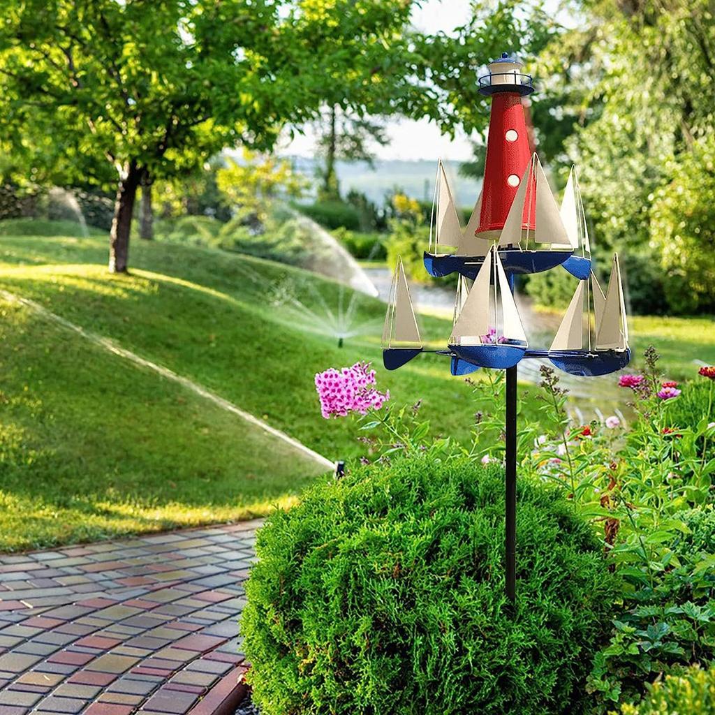 Outdoor Nautical Sailboat Lighthouse Windmill Modeling Garden Windmill Kinetic Art Metal Wind Chime 3D Decoration