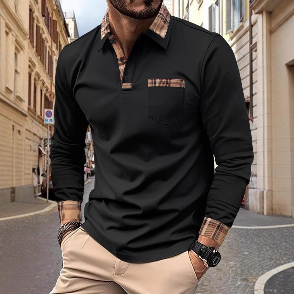 New men's casual spring and fall fashion plaid lapel long sleeve pocket comfortable party outdoor top polo shirt