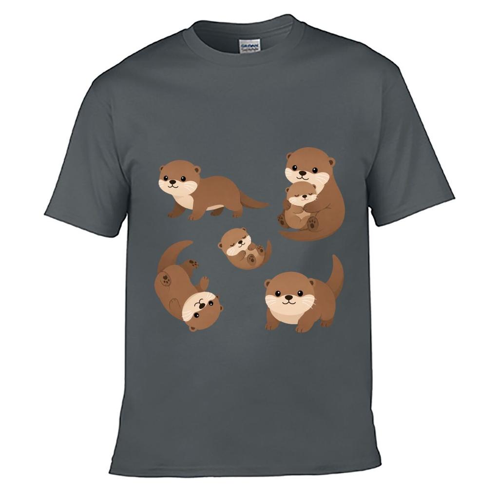 Cute Otter Family Character Set Unisex Summer Washed Tee Loose Distressed Top