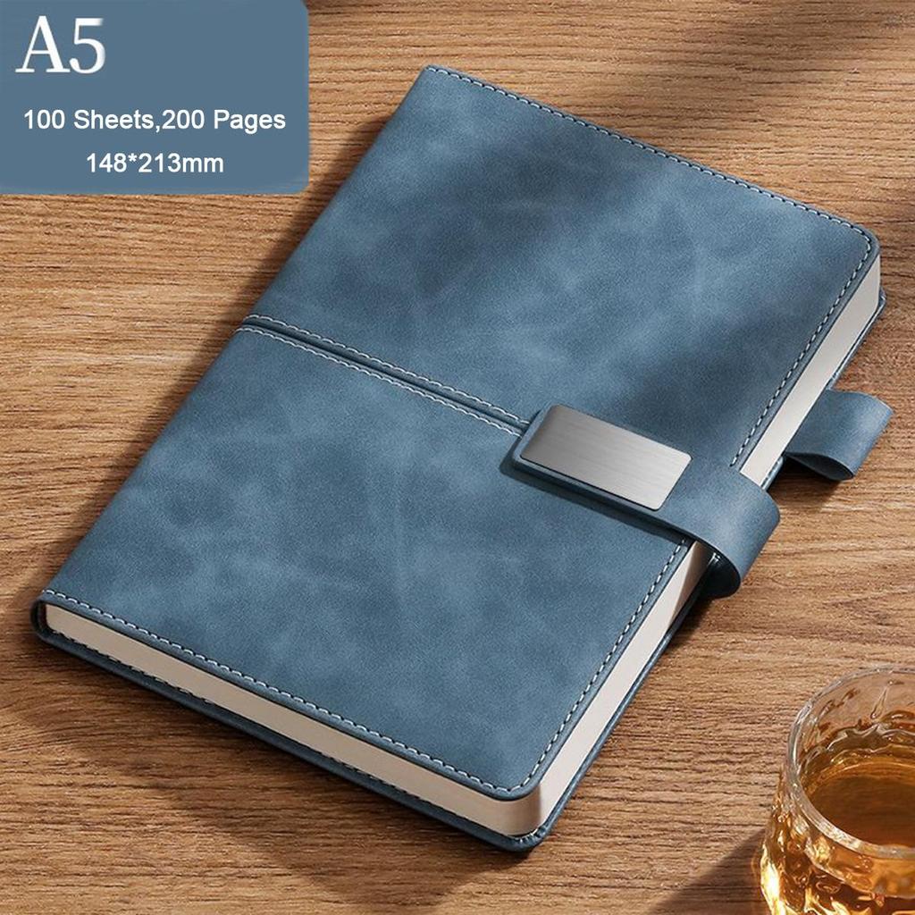 A5 Thickened Business Leather Buckle Notepad, Student Study Notebook, Work Meeting Record Book, Diary, 100 Sheets 200 Pages