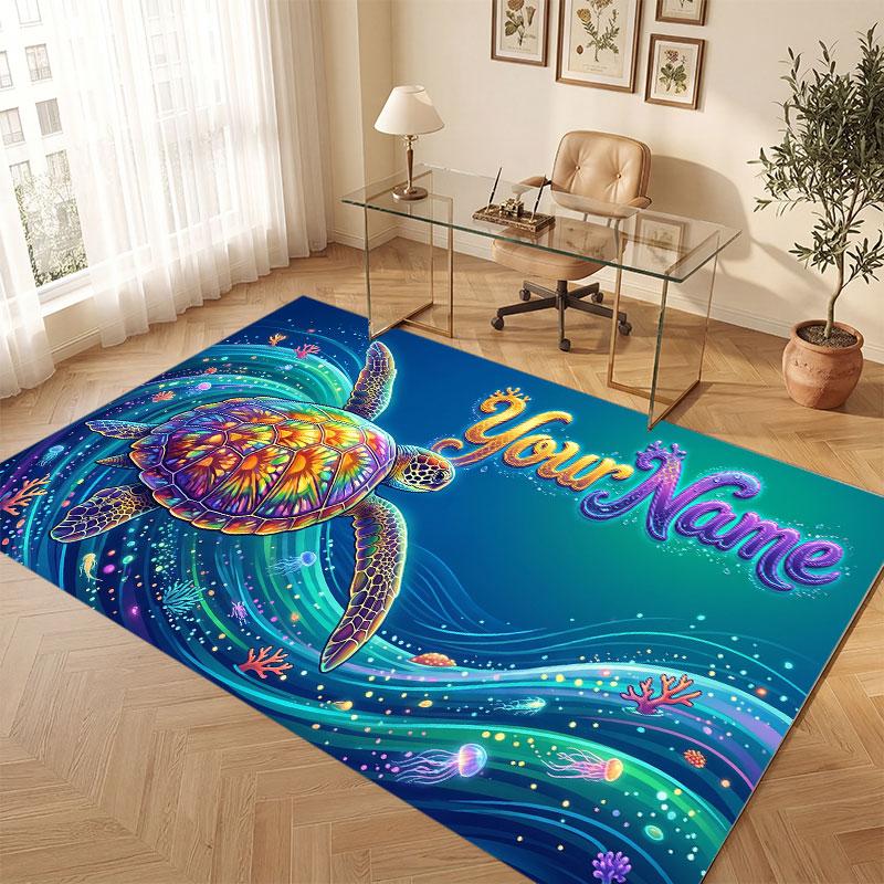 Octopus Sea Life Theme Crystal Velvet Floor Rug Personalized Custom Name Text Warm Carpet Home Decoration