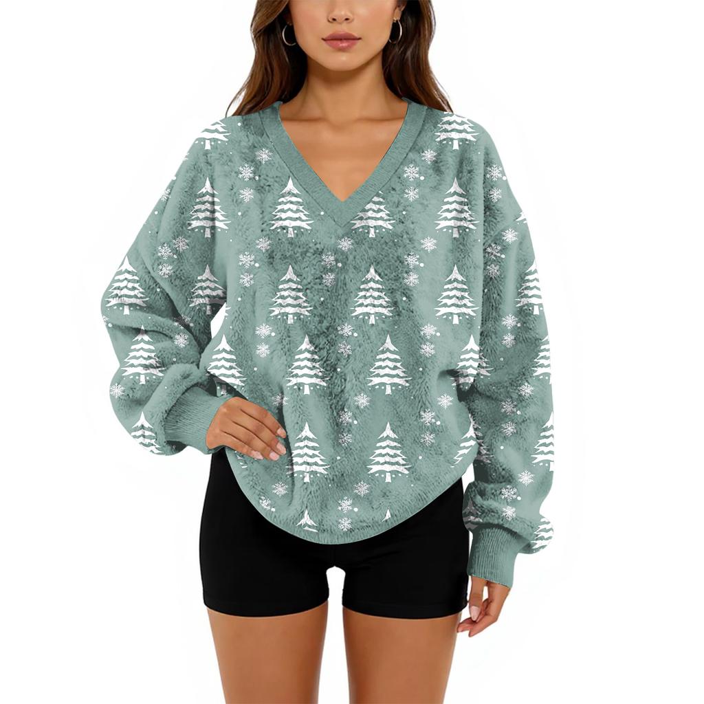 Women's V-Neck Sweatshirt Plush Solid Color Casual Fashion Long Sleeve With Pocketed Pullover Top