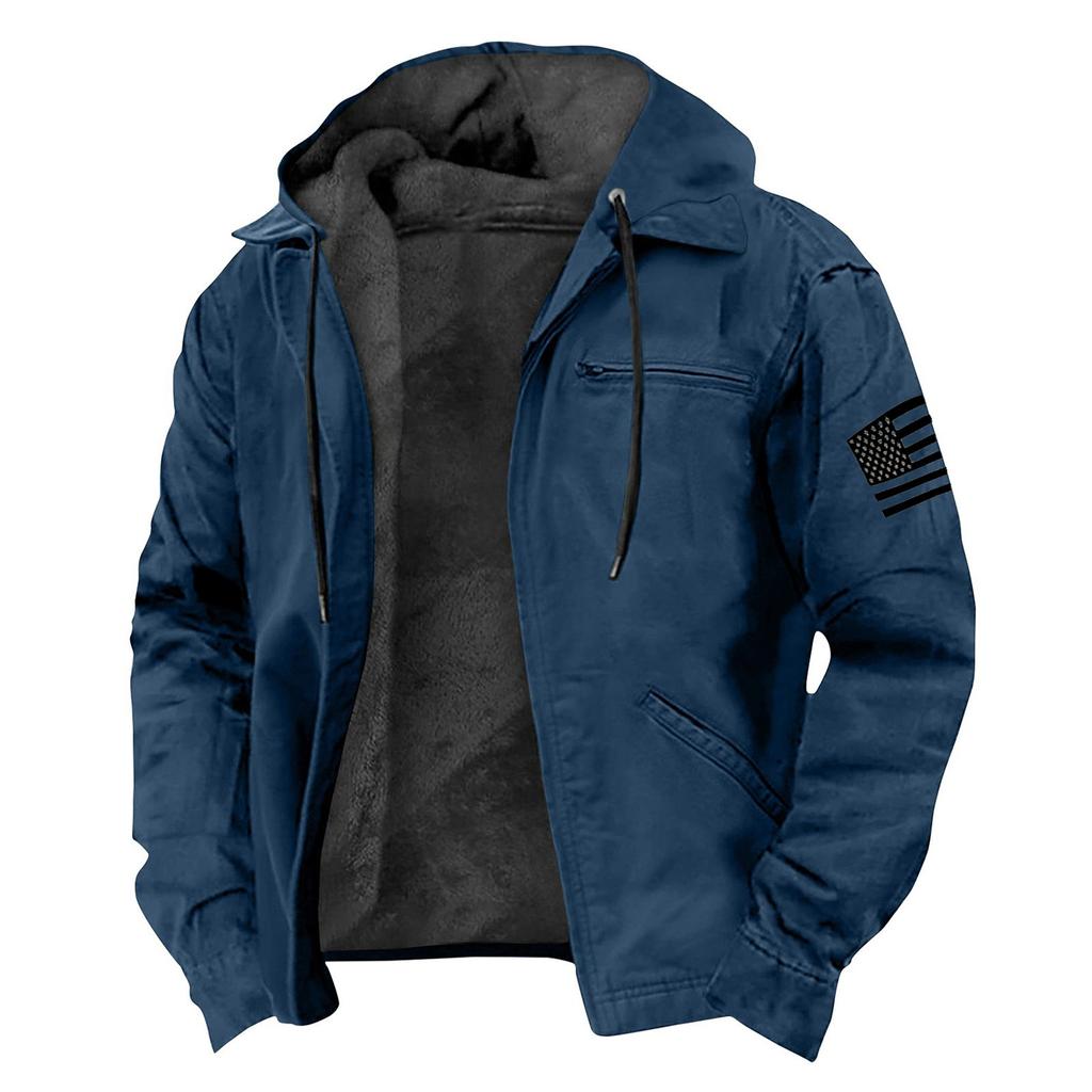 Men's Casual Zippered Pocket Hooded Jacket Men's Solid Color Fashion Warm Jacket