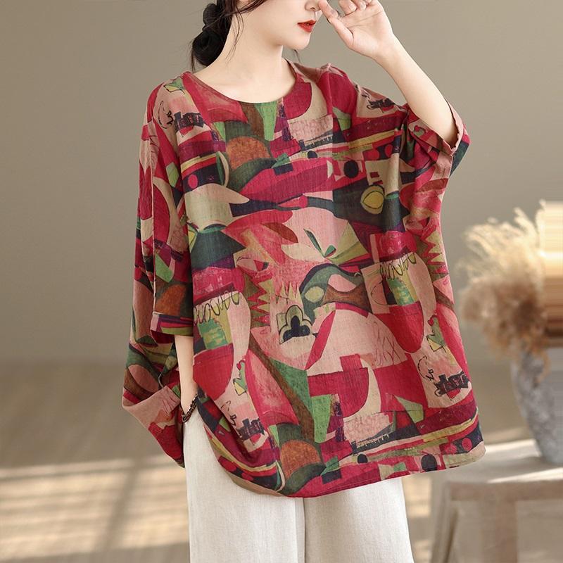 Короткий рукав, свободная винтажная футболка с цветочным принтом, повседневная, свободная, женская летняя футболка