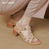 2024 Летняя женская обувь Обувь из овчины Женские босоножки с открытым носком и толстым каблуком Туфли на высоком каблуке Женские однотонные римские сандалии для женщин
