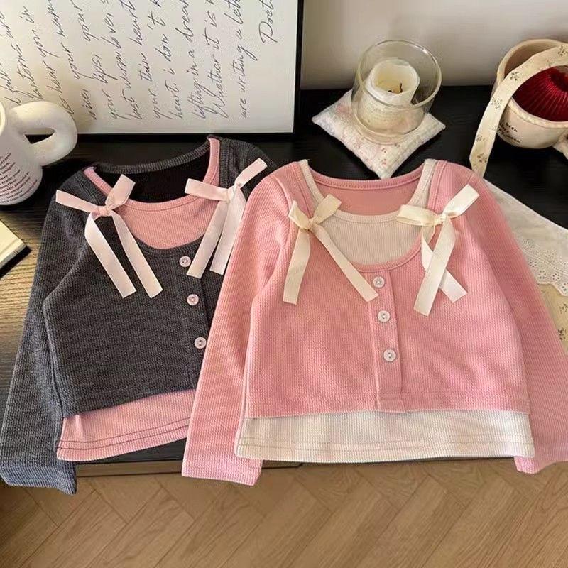 Girls T-shirts Spring Autumn Casual Tops for Kids Fake Two-piece Children Undershirts Long-sleeved Toddler Bottom Baby Outfits