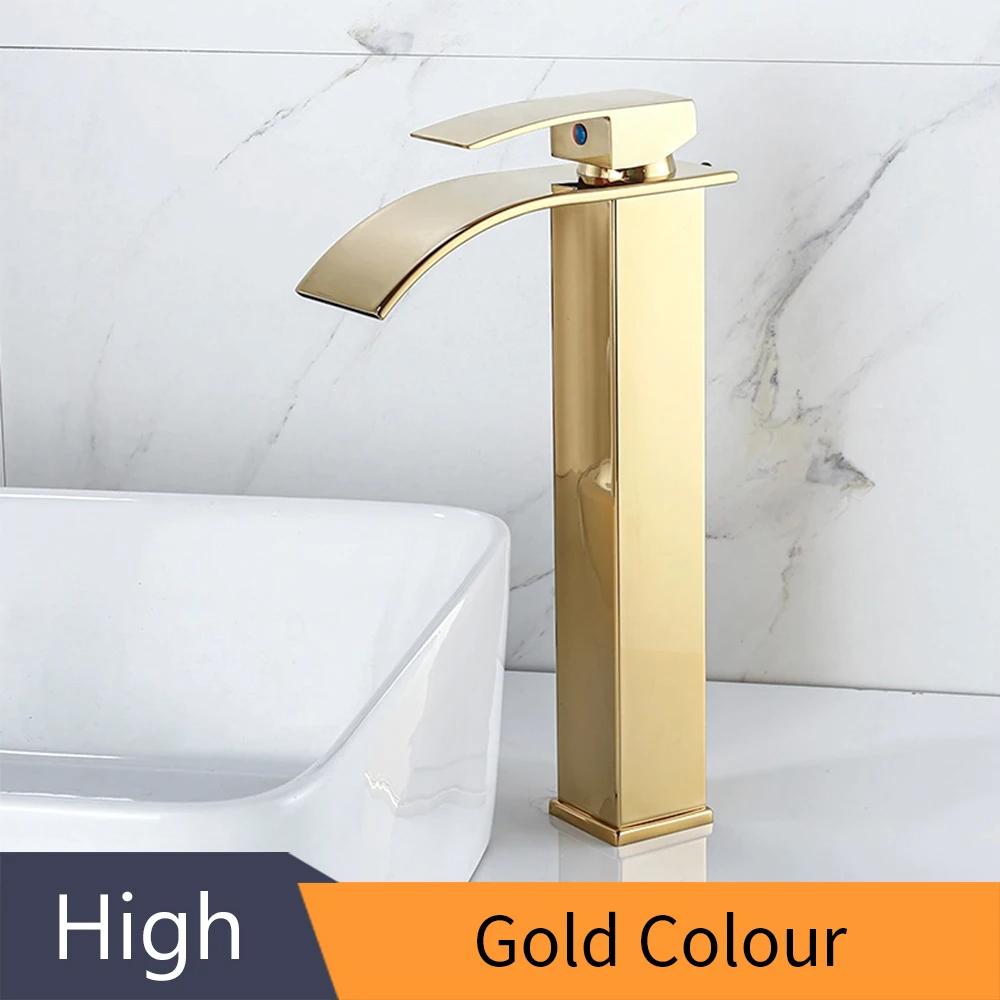 Gold Basin Faucet Deck Mounted Single Lever Bathroom Crane Waterfall Brass Bathroom Tap Hot Cold Water Mixer Taps 503