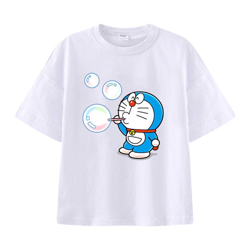 Pure Cotton Childrens Shortsleeved Tshirt for Summer Boys and Girls Halfsleeved Childrens Clothing with Doraemon Pattern