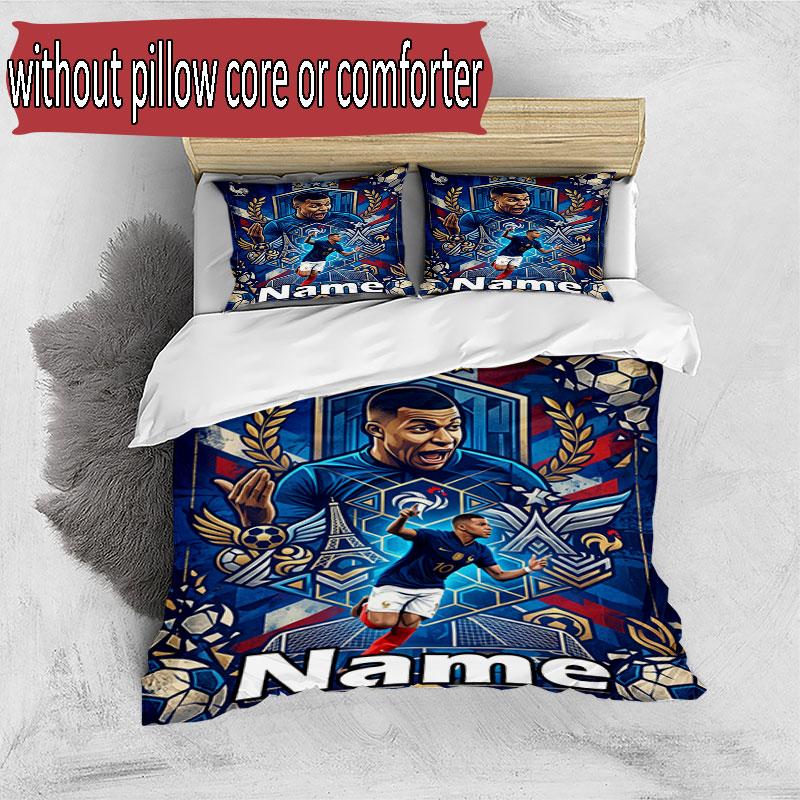 3pcs Duvet Cover Set (1*Duvet Cover + 2*Pillowcase, Without Core), Custom Name Kylian Mbappe Pattern Bedding Set, Home Bedroom Decor Gift