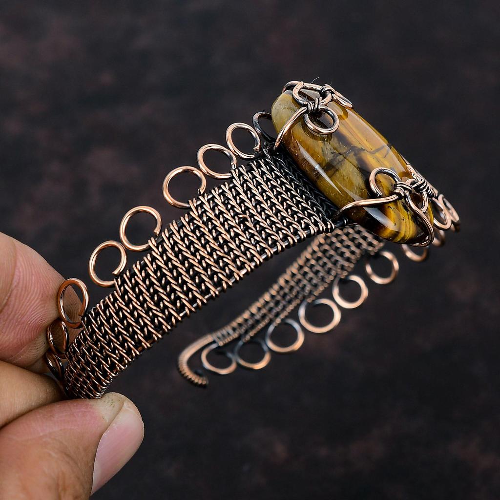 Браслет-манжета с драгоценным камнем тигровый глаз, регулируемый браслет-манжета с медной проволокой, уникальный браслет ручной работы, подарок для нее, ювелирные изделия с медной проволокой