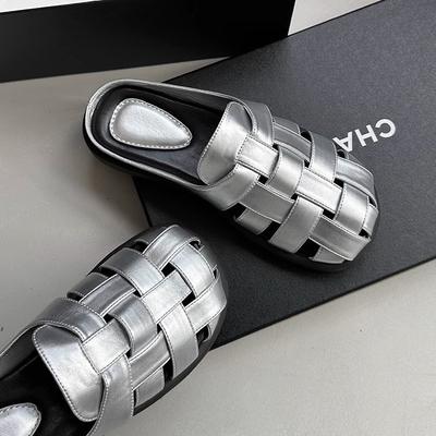 Версия из коровьей кожи~ Настоящая кожа сумка голова полушлепанцы женская одежда мода 2025 лето новый серебристый плоский прохладные шлепанцы