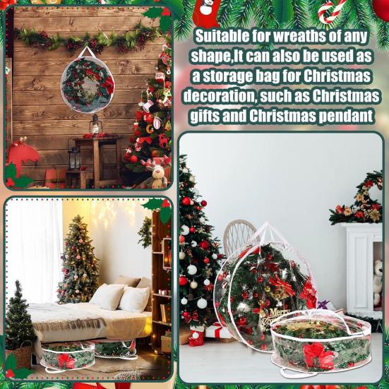 Christmas Wreath Storage Bag Transparent Wreath Organizer Dustproof Waterproof Garland Holder with Handles for Holiday Artificial Wreath