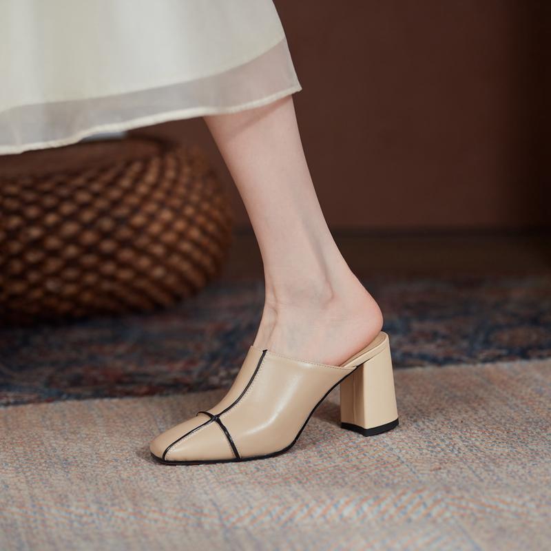 Модные женские новые летние европейские и американские кожаные туфли-шлепанцы с квадратным носком на толстом высоком каблуке большого размера