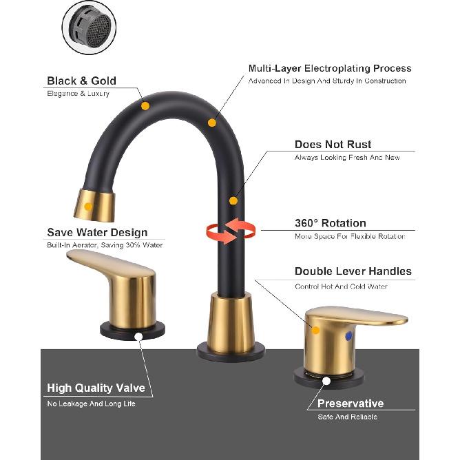 2 Handle 3 Holes Widespread Bathroom Faucet, Bathroom Sink Faucet with Copper Pop Up Drain, Black & Gold Lavatory Faucet Swivel Spout with Drain