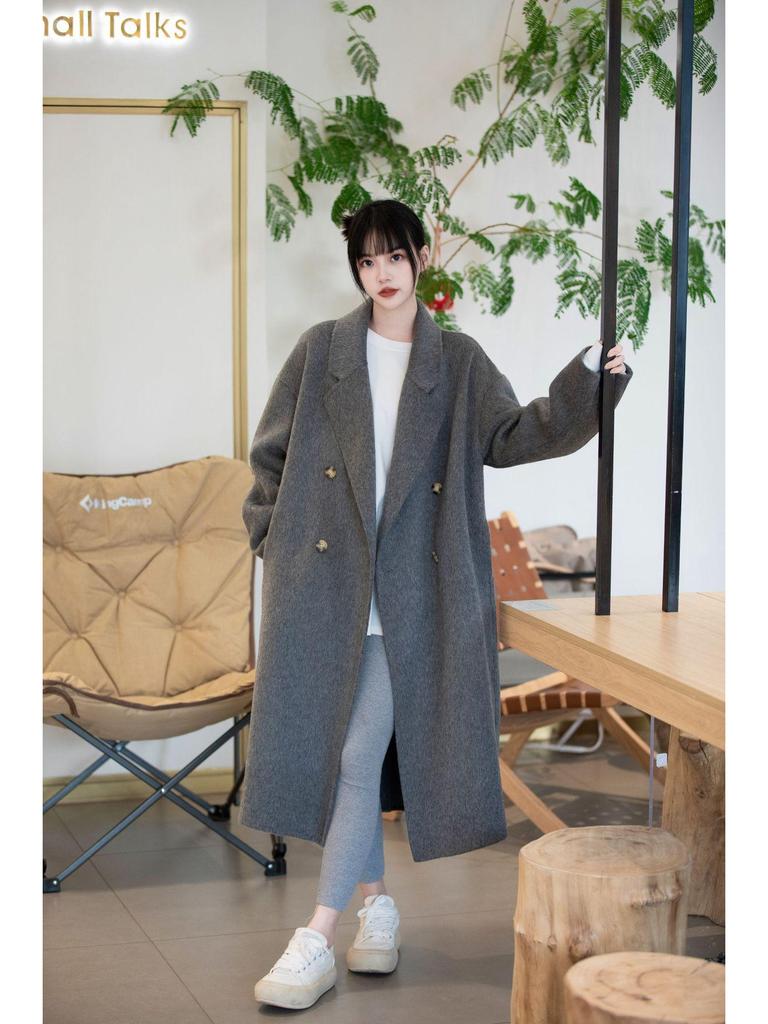 Korean Style Women's Long-Haired Double-Faced Wool Cashmere Cocoon Coat