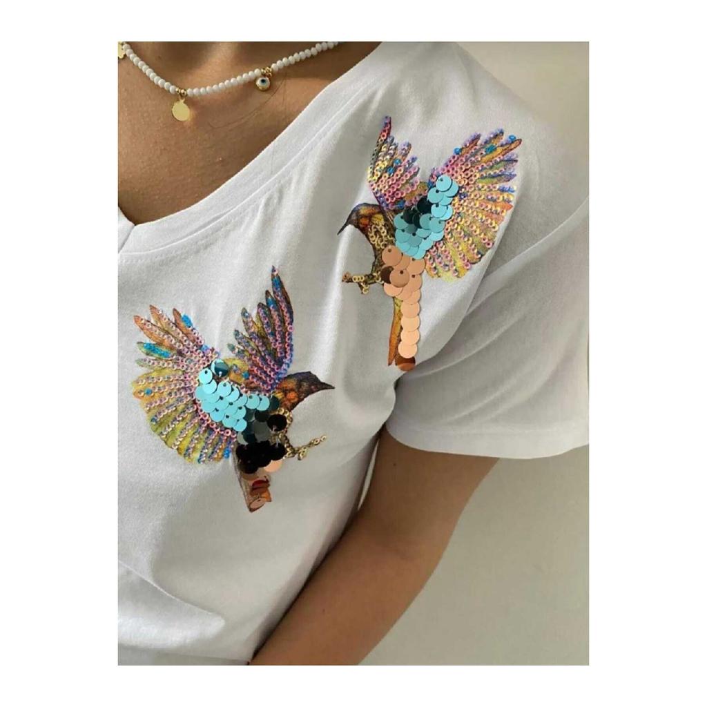 Женская черная футболка из 100 % хлопка с v-образным вырезом и вышивкой пайетками больших размеров