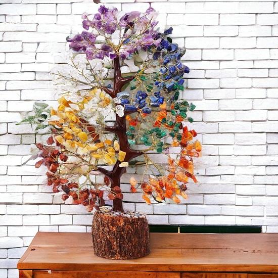 Seven Chakra Crystals and 300 Beads Gemstones Tree Showpiece for Good Luck Home Decor Item Bonsai Money Tree Plant Gift Item Figurine