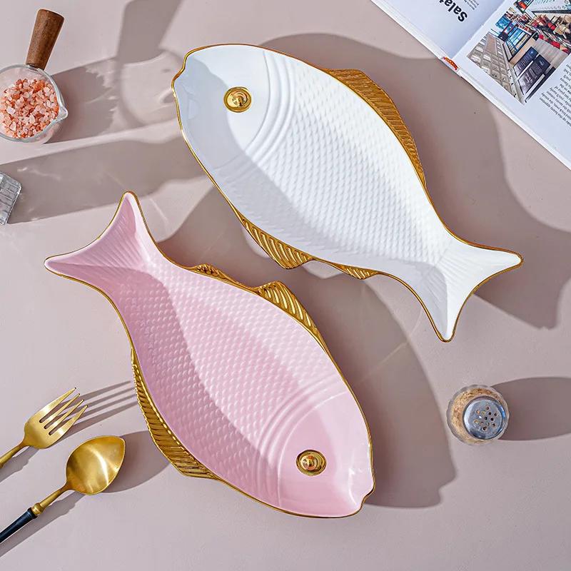 Керамическая тарелка для рыбы Пномпень Зеленый Креативная фарфоровая тарелка в форме рыбы Бытовая тарелка для салата, десерта Длинное блюдо Кухонная посуда