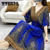 Cotton Silk Dress Mid Length Beach Dress Large Floral Bohemian Loose Casual Long Dress V-Neck