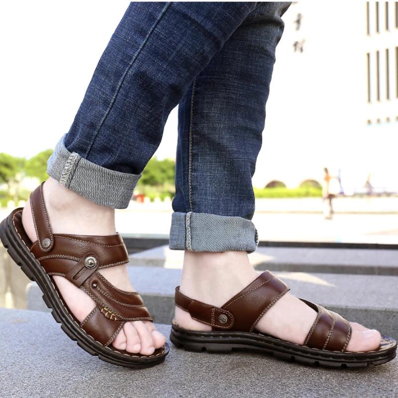 Men's Summer Sandals and Slippers Men's Leather Sandals Adult Thick-soled Beach Shoes Non-slip Open-toe Leather Sandals Hombre