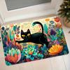 1pc Black Cat Floral Pattern Flannel Floor Mat, Non-Slip Absorbent Entrance Doormat, Household Foot Mat for Bathroom, Kitchen, Bedroom, Colorful Decor