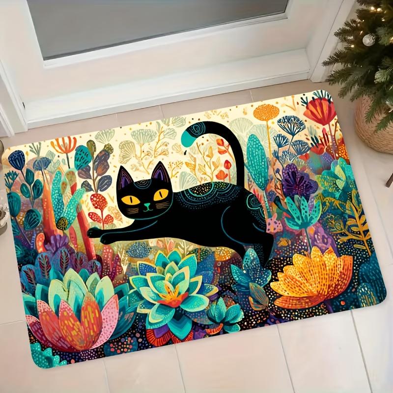 1pc Black Cat Floral Pattern Flannel Floor Mat, Non-Slip Absorbent Entrance Doormat, Household Foot Mat for Bathroom, Kitchen, Bedroom, Colorful Decor