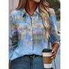 Модные Блочные Сшитые 3D Печать Женские Рубашки с Длинным Рукавом Градиентные Свободные Блузки Топы Повседневная Мода Женская Одежда