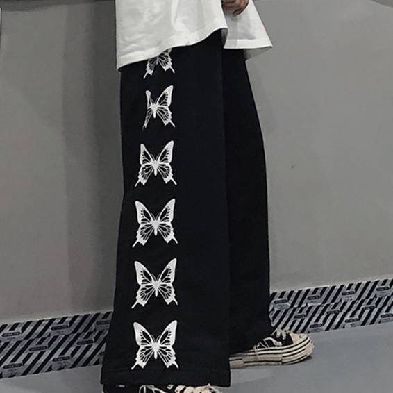 Джинсы в стиле хип-хоп, уличная одежда, женские прямые эластичные джинсы с высокой талией и принтом бабочки, широкие брюки в стиле панк, джинсы Харадзюку