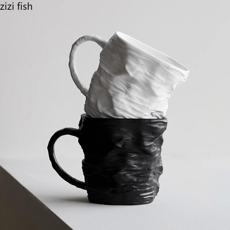 Folded Texture Ceramic Mug Creative Black and White Coffee Mug Milk Mug Office Water Cup Tea Cup Household Couple's Cups