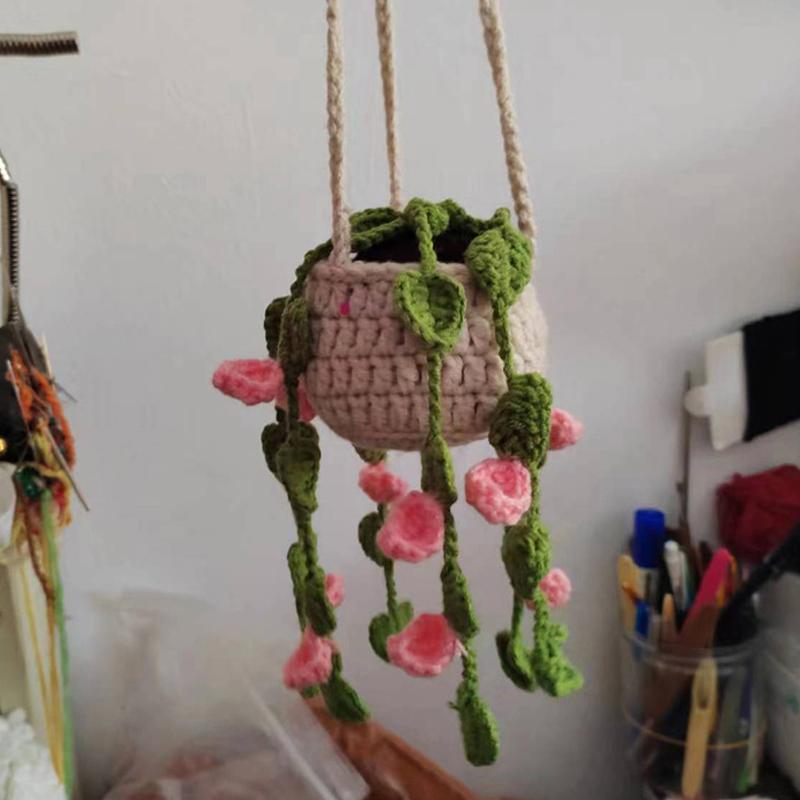 Милые подвесные аксессуары для автомобильного зеркала, ручная вязка, тканые, готовые, вязаные крючком, горшечные растения, декор заднего вида, украшения для салона автомобиля