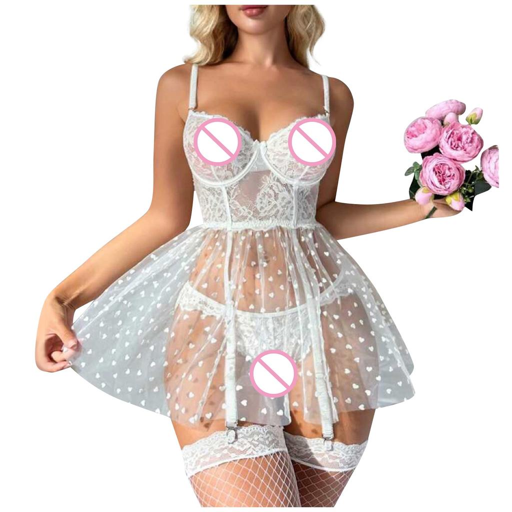 Забавное нижнее белье, сексуальное женское сетчатое прозрачное кружевное платье с узором Love, комплект спального платья на бретельках