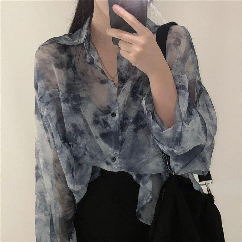 Shirts Women Fashion Tie Dye Harajuku Gothic Top Loose Casual Clothes Sun-proof Embroidery All-match Summer Holiday