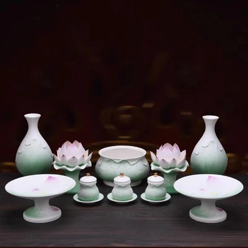 Ceramic Buddha Hall Offering Platform Buddhist Tools and Supplies Lotus Incense Burner Holy Water Cup Vase Home Furnishings