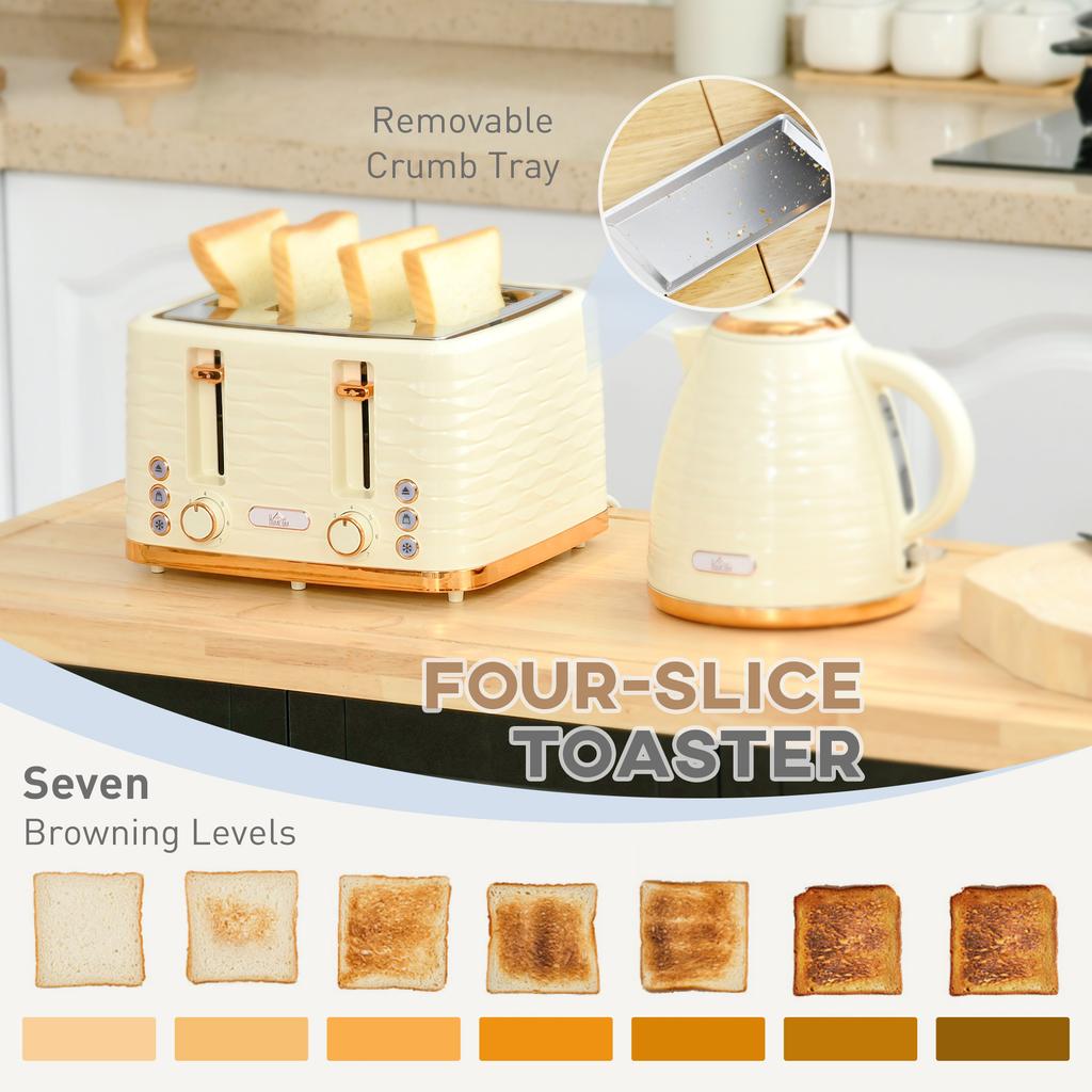 3000W 1.7L Rapid Boil Kettle & 4 Slice Toaster, Kettle and Toaster Set with 7 Browning Controls and Crumb Tray, Beige