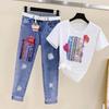Women's Elegant Casual Pants Set Fashion Sequin Short Sleeve T-shirt Pierced Jeans Two-piece Tops