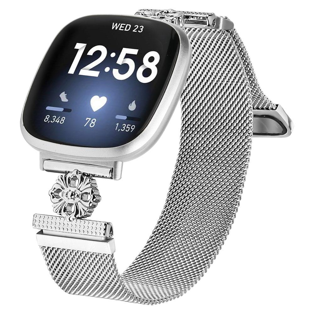 For Fitbit Versa 4 / Sense 2 Milanese Band Flower Stainless Steel Magnetic Mesh Watch Strap